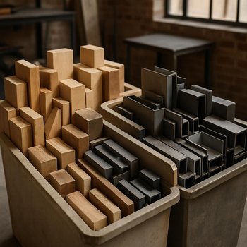 Metal və ağac qırıntılarının səliqə ilə ayrıldığı emalatxana küncü