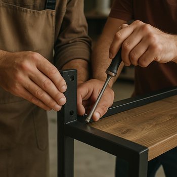 Loft məmulat üzərində birgə işləyən əllərin emalatxana masası üzərində yaxın planı