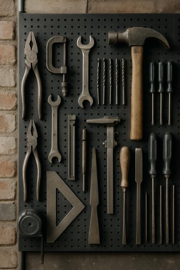 Divarda səliqə ilə asılmış loft emalatxanası alətləri və metal profillər