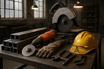 Metal profillərin kəsildiyi emalatxana kəsim masası və ölçü alətləri