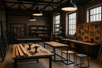 Steel&Spark emalatxanasının ümumi görünüşü: metal karkaslar və taxta lövhələr