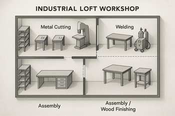 Steel&Spark emalatxanasında metal kəsim, qaynaq və montaj zonalarının sxematik görünüşü